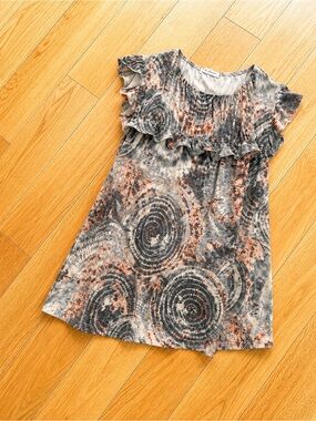 Ruffled Tie-Dye Swirl Short Sleeve Dress - Gray & Peach